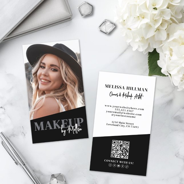 Schwarzes QR-Code-Foto-Makeup Vertikal Visitenkarte (Black QR Code Photo Makeup Vertical Business Card )
