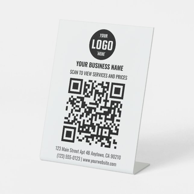 Schwarzes QR-Code-Geschäftspodest-Schild mit Logo Sockelschild (Vorderseite)