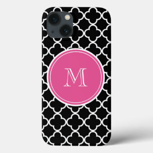 Schwarzes Quatrefoil Muster, Pink-Monogramm Case-Mate iPhone Hülle