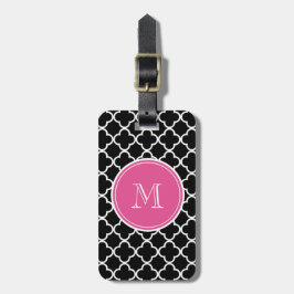 Schwarzes Quatrefoil Muster, Pink-Monogramm Gepäckanhänger