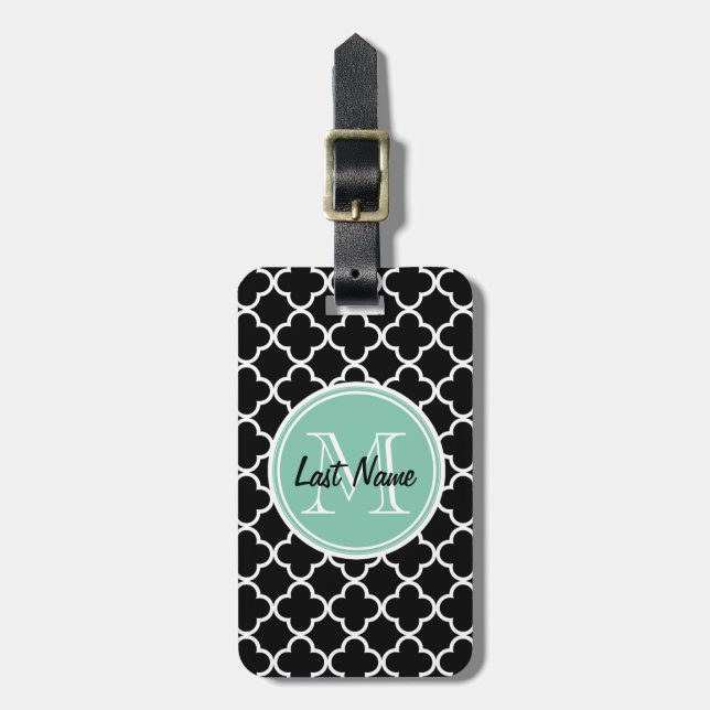 Schwarzes Quatrefoil Muster, tadelloses grünes Gepäckanhänger (Vorderseite vertikal)