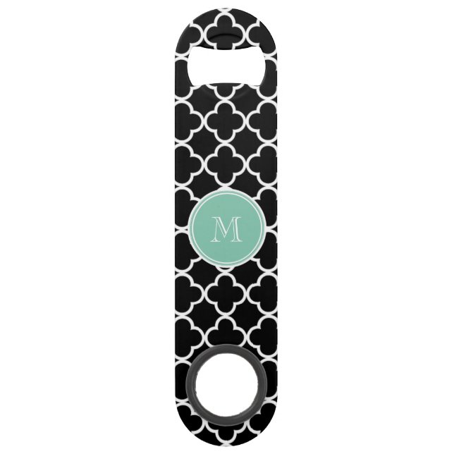 Schwarzes Quatrefolienmuster, Minz-grünes Monogram Speedflaschenöffner (Vorderseite)