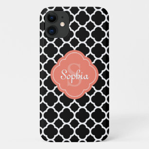 Schwarzes Quatrefolienmuster Peach Monogramm Case-Mate iPhone Hülle