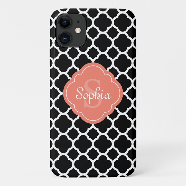 Schwarzes Quatrefolienmuster Peach Monogramm Case-Mate iPhone Hülle (Rückseite)