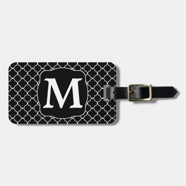 Schwarzes Quatrefolienweißes Monogramm Gepäckanhänger (Vorderseite horizontal)