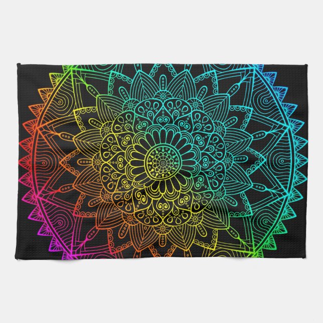 Schwarzes Regenbogen-Mandala Geschirrtuch (Horizontal)