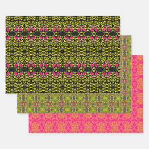 Schwarzes Rosa und Grün Gemustert Geschenkpapier Set