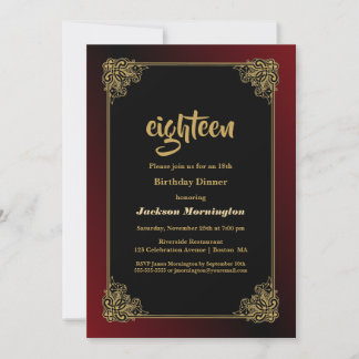 Schwarzes Rot mit Gold Frame 18. Geburtstag Abende Einladung