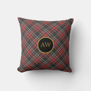 Schwarzes Rot und Creme-Tartan-Monogramm Kissen