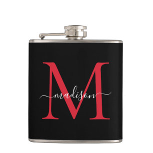 Schwarzes rotes Burgunder Monogramm Stylischer Sch Flachmann