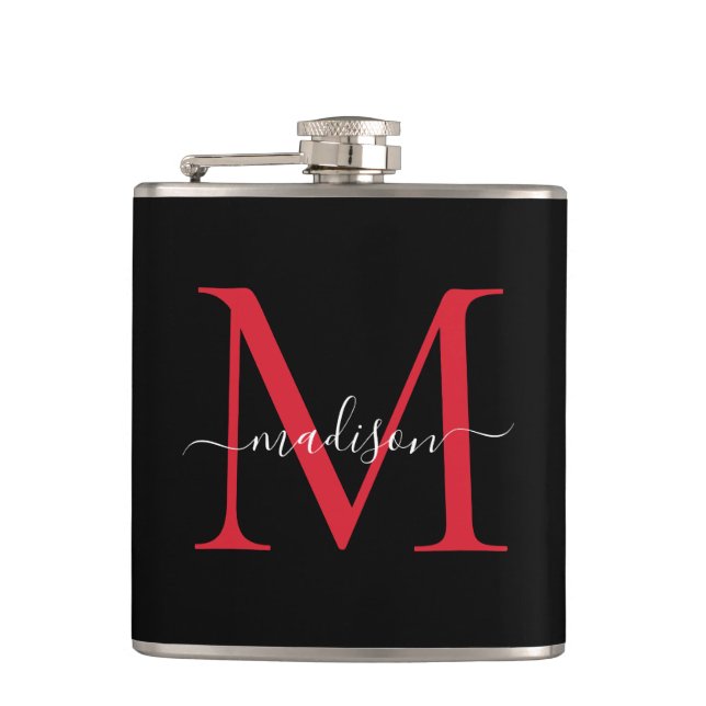 Schwarzes rotes Burgunder Monogramm Stylischer Sch Flachmann (Vorderseite)