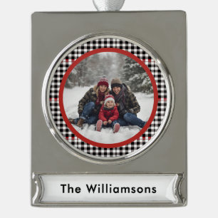 Schwarzes rotes rustikales Karo Familienfoto und N Banner-Ornament Silber
