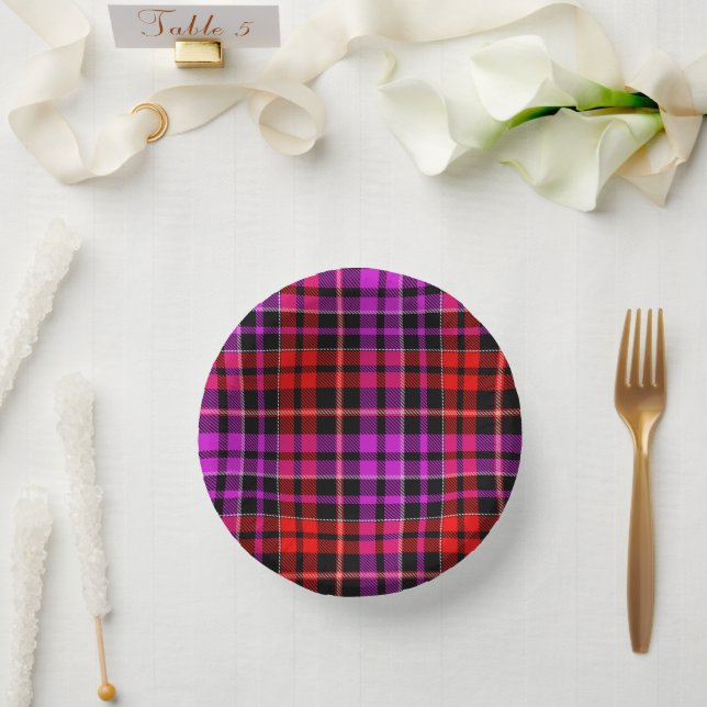 Schwarzes rotes violettes Karo-Tartan-Design  Pappteller (Hochzeit)