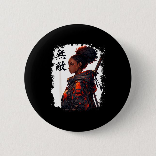 Schwarzes Samurai-Mädchen Anime Krieger Afro Afrik Button (Vorderseite)