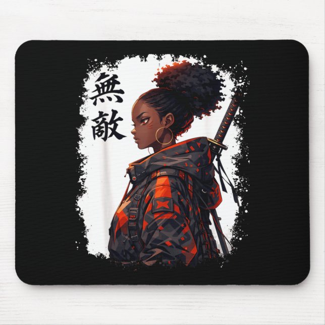 Schwarzes Samurai-Mädchen Anime Krieger Afro Afrik Mousepad (Vorne)