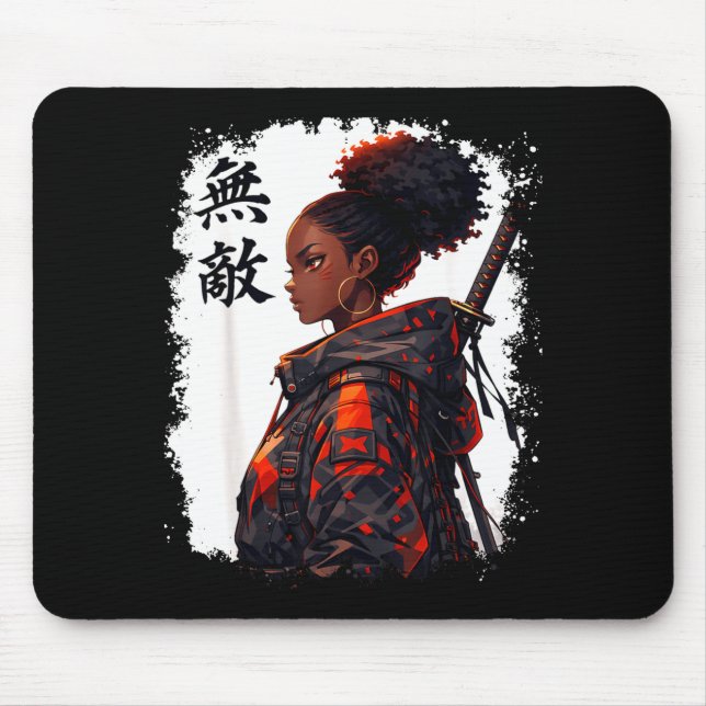 Schwarzes Samurai-Mädchen Anime Krieger Afro Afrik Mousepad (Vorne)