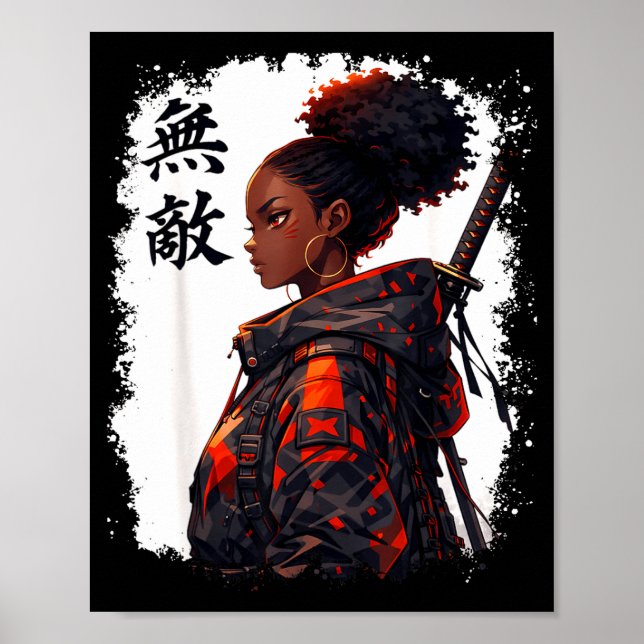 Schwarzes Samurai-Mädchen Anime-Krieger Afro Afrik Poster (Vorne)
