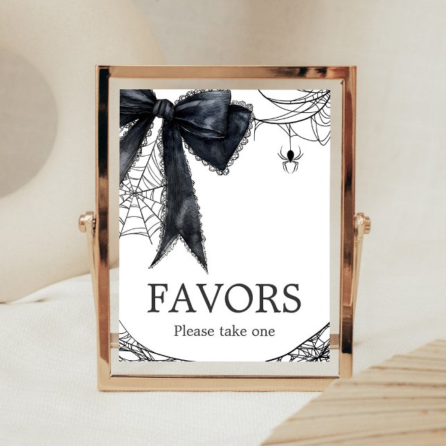 Schwarzes Schleifen-Gotik-Schönes-Kleines- Geschen Poster (Black Bow Gothic Little Boo Baby Shower Favors Sign)