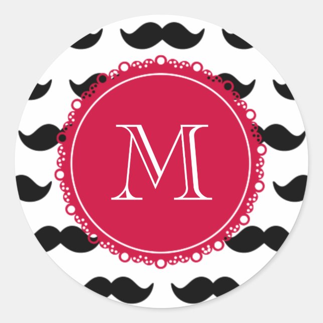 Schwarzes Schnurrmuster, rotes Monogramm Runder Aufkleber (Vorderseite)