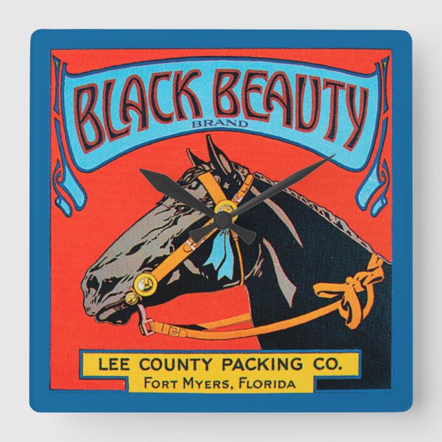 Schwarzes Schönheits-Pferd auf rotem Hintergrund Quadratische Wanduhr (Vorderseite)