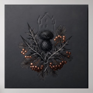 Schwarzes schottisches Distel-Ebereschen-Schloss-P Poster