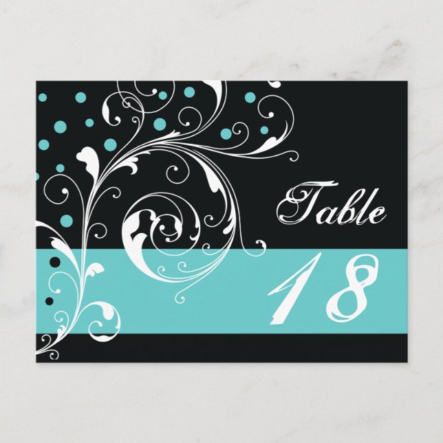 Schwarzes Scrollblatt, Aqua-Hochzeit-Tischnummer Postkarte (Vorderseite)