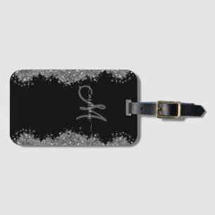 Schwarzes Silber-Faux-Glitter Grau Modernes Monogr Gepäckanhänger