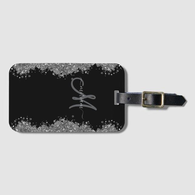 Schwarzes Silber-Faux-Glitter Grau Modernes Monogr Gepäckanhänger (Vorderseite (Horizontal))