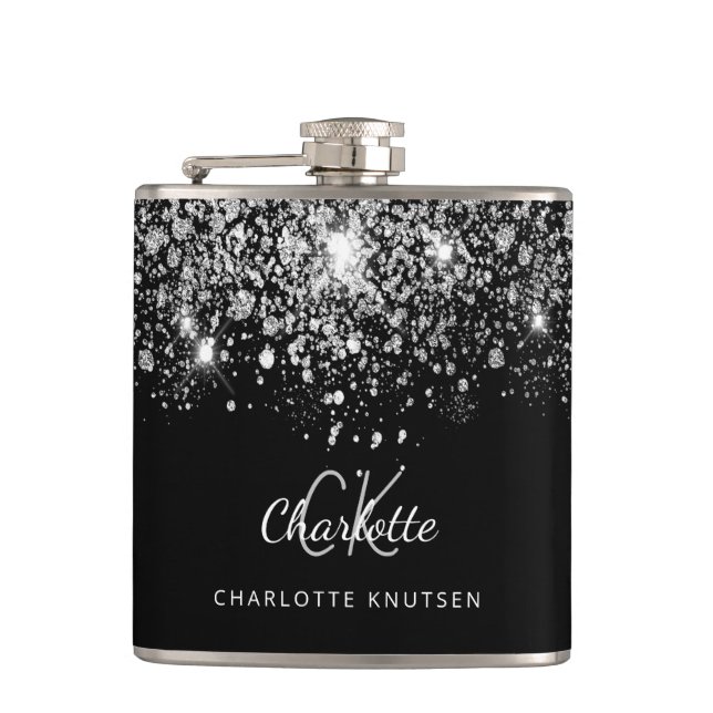 Schwarzes Silber-Glitter-Besten-Freundinnen-Monogr Flachmann (Vorderseite)