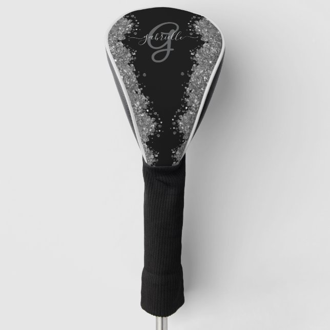 Schwarzes Silber Glitter Grau Modernes Monogramm Golf Headcover (Vorderseite)