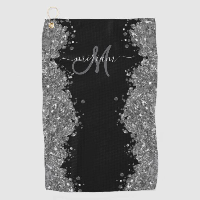Schwarzes Silber Glitter Grau Modernes Monogramm Golfhandtuch (Vorderseite)
