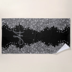 Schwarzes Silber Glitter Grau Modernes Monogramm Strandtuch