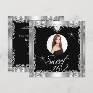 Schwarzes Silber Sweet Sixteen Sweet 16 Foto Einladung