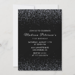 Schwarzes silbernes Glitter Glam Chic 71. Geburtst Einladung