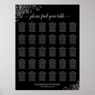 Schwarzes & Silbernes Posh 30-Tisch-Hochzeits-Sitz Poster