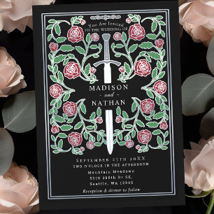 Schwarzes silbernes Schwert Floral Mittelalterlich Einladung