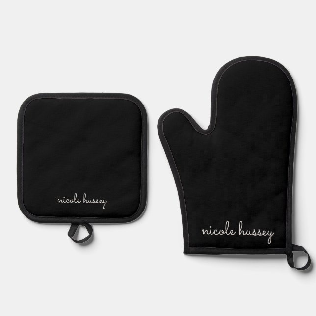 Schwarzes Skript | Stilvolle Monogram Modern Ofenhandschuh & Topflappen-Set (Vorderseite)