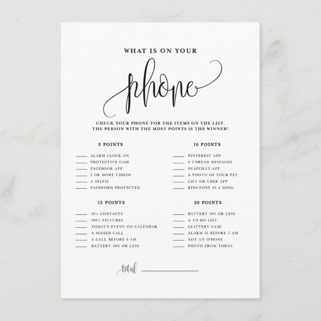 Schwarzes Skript Was ist auf Ihrem Handy-Duschgame Begleitkarte (Vorderseite)