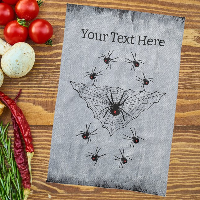 Schwarzes Spinnennetz, umgeben von Schwarzen Witwe Geschirrtuch (creepy black widow spiders black triangular web on rustic white with black edges kitchen hand towel.)