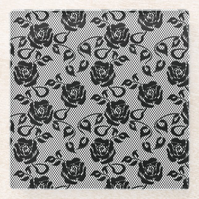 Schwarzes Spitzemuster auf weißem Hintergrund Glasuntersetzer (Vorderseite)