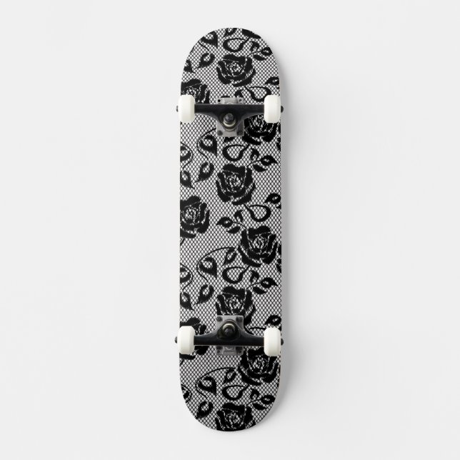 Schwarzes Spitzemuster auf weißem Hintergrund Skateboard (Vorderseite)