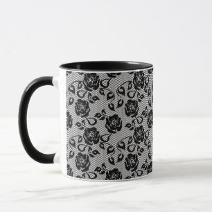 Schwarzes Spitzenmuster auf weißem Hintergrund Tasse