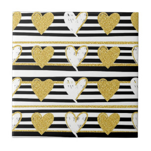 Schwarzes Streifen-Gold-Herz-Glamour-Muster (1) Fliese