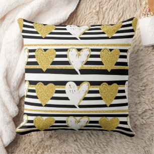 Schwarzes Streifen-Gold-Herz-Glamour-Muster (1) Kissen