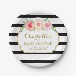 Schwarzes Stripes Goldrosa BlumenBabyparty-Platte Pappteller