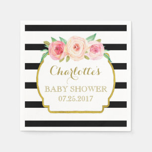 Schwarzes Stripes Goldrosa BlumenBabyparty Serviette