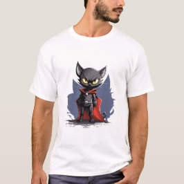 Schwarzes Superhelden-Katz-T-Shirt mit rotem Cape T-Shirt