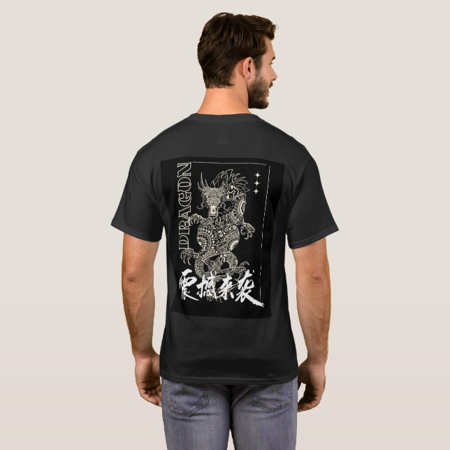 schwarzes T-Shirt mit halben Ärmeln und Drachen-De (Schwarz voll)