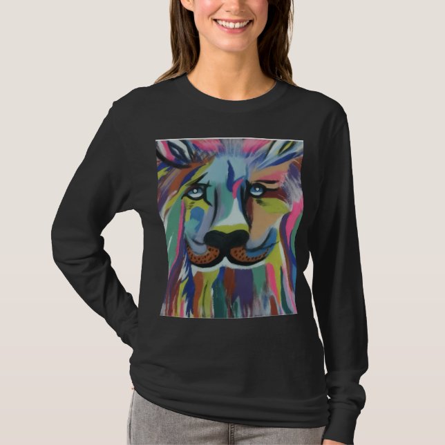 Schwarzes T-Shirt mit Löwendesign und langen Ärmel (Vorderseite)