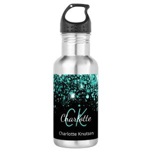 Schwarzes Teal-Glitter-Monogramm-Name glamourös Edelstahlflasche